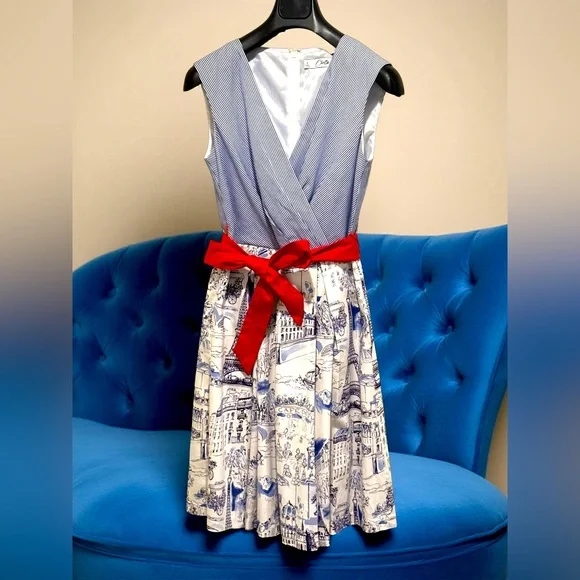 Chetta B EUC Size 6 Blue & White Paris Themed Sleeveless Retro Mini Dress (0676) - Picture 1 of 13